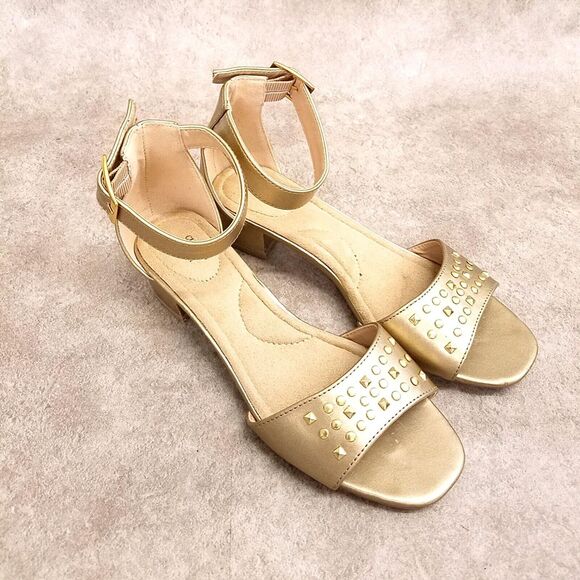 Cushion Walk by Avon Womens Size 6 Gold Ankle Strap Studded Low Block Heels - Picture 1 of 10